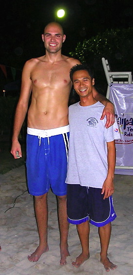 Steve on Saipan. Marianas Cup Beach Volleyball 2005, Pro Volleyball player 6' 9'' Phil Dalhausser and me